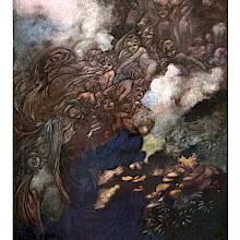 A whirlwind of putti swirls through a turbulent ocean, tearing through currents and waves
