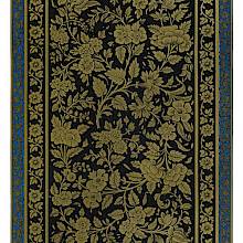 Decoration for a box top featuring a pattern of golden flowers on a black background, framed by a blue border