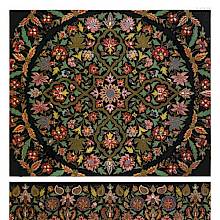 Chromolithograph of ornate Indian embroidery displaying colorful, intricate floral patterns on a black background
