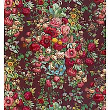Chromolithograph featuring a floral chintz pattern with red, pink, and yellow flowers set against a maroon background