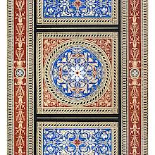 Chromolithograph of encaustic tiles arranged to create floral motifs complemented by geometrical borders