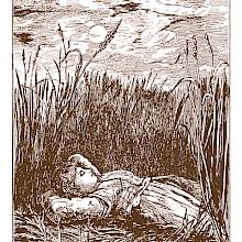 A child is lying on their back, eyes closed and hands behind their head, in what appears to be a wheat field