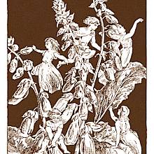 Tiny fairy creatures play and frolick among foxglove flowers