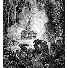 A man stands on a burning pyre, a woman slung over his shoulder, while terror spreads among the crowd