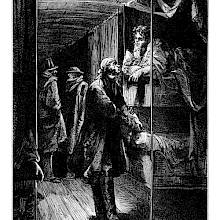 Train passengers prepare for bed in a sleeping car, which consists of stacked berths flanking a central aisle