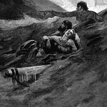 Three shipwrecked men are partially submerged in a turbulent sea, surrounded by waves and ripples