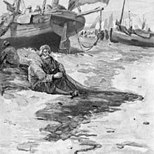 An older man with a long beard sits on a sandy shore, mending or making a fishing net