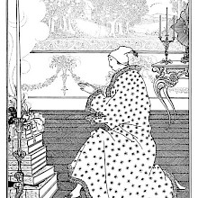 A man in a nightcap and a fur-trimmed dressing gown kneels in left profile, his hands clasped in prayer