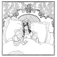 A woman reclines in a large bed, gazing at a folded letter held in her right hand