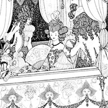 A barge carries four figures, framed by heavy drapery. At the center, a seated woman faces the viewer