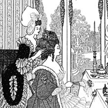 A woman sits in profile, gazing into the mirror of a dressing table while behind her, a maid tends to her hair