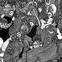 A fantastical scene unfolds in a crowded interior filled with elaborately dressed figures