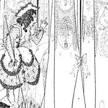 A figure in elaborate costume is shown in profile, standing before a bed draped in patterned curtains.