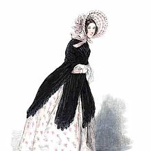 Full-length portrait of a young woman wearing a black shawl and a poke bonnet