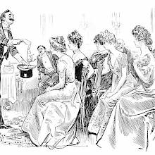 A gathering of people in evening dress watches as a magician pulls a rabbit from his hat