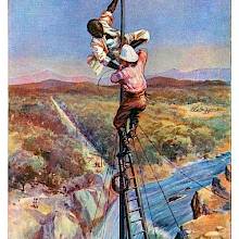 Two men are the top of a telegraph pole overlooking a waterfall, securing it with wiring