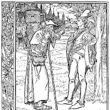 An older pilgrim has stopped to talk to a young man, pointing his finger into the distance
