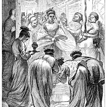 A woman is accompanied by her suite to the entrance of a room where four maids are awaiting her