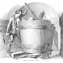 A man with a shotgun lifts the lid of a large wooden vat inside which someone was trying to hide