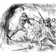 A knight in medieval armor fights a group of assailants armed with halberds using his sword