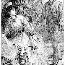 A surprised young woman drops the cut flowers she was collecting in the folds of her dress