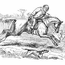 A man riding a galloping horse takes his hat off as a dog runs alongside