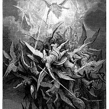 A winged figure armed with a sword sends panic and disarray among a cluster of rebel angels