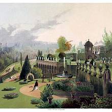 Alton Towers terraced Gardens with the colonnade, a fountain, and flowerbeds