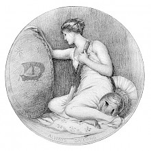 A grieving woman sits leaning on a shield