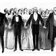 Four men in evening dress stand holding hands to contain a crowd of guests in similar attire
