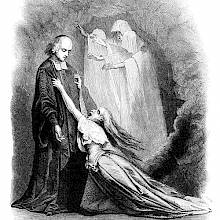A woman tormented by remorse throws herself at the feet of a priest