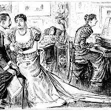 A woman sings plays the piano for dessert while a husband and his wife sit listening and chatting
