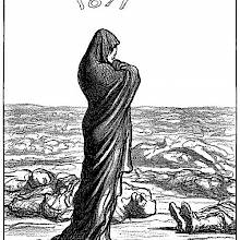 A woman wearing a cloak stands on a battlefield strewn with corpses, pressing her hands to her face