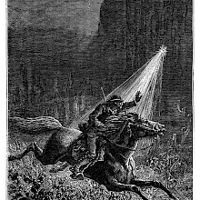 A man rides a galloping horse at night as a flash of light suddenly shines on him
