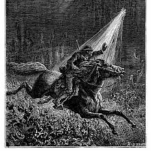 A man rides a galloping horse at night as a flash of light suddenly shines on him