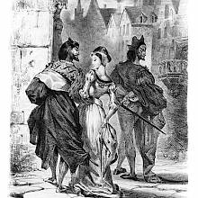 A man and a couple in a close embrace are seen from behind as they walk the streets of a medieval city