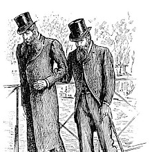 Two bearded men wearing top hats walk gloomily arm in arm on a bridge