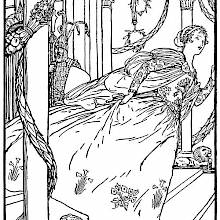 A young woman in a fine, embroidered dress runs from a palace decorated with columns and garlands