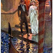 A man and a woman are holding hands at the foot of the stairs leading to a Venetian canal
