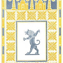 A lion, stylized in a way reminiscent of Assyrian art, stands in a threatening posture