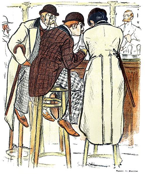 Three men with canes and bowler hats are sitting on stools at a bar