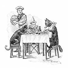 The Cat, Pinocchio, and the Fox are sitting around a table having a meal