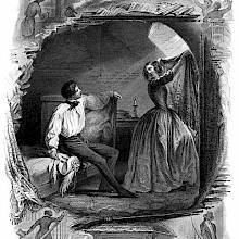 A man is sitting on a bed in an attic room as a woman covers the window with a shawl