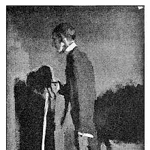 Full-length portrait of Aubrey Beardsley as seen from the side with a cane and a hat in one hand