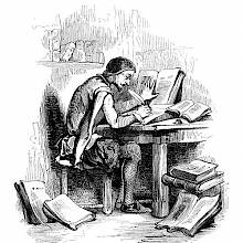 A man sits writing at a desk in a corner of a study