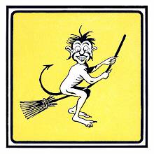 A smiling and disheveled creature with a tail ending like an arrowhead rides a broom