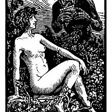 A maenad is among vines and listening delightedly to a satyr playing the pan flute