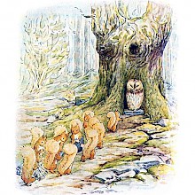 A procession of squirrels walks on a path leading to an owl sitting at the foot a its tree