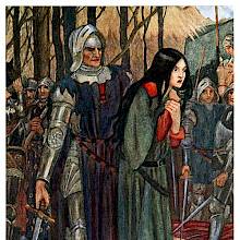 A distraught woman steps forward as a knight in armor stands behind her holding a sword