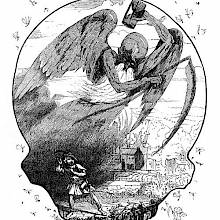 A ghostly figure of Time, carrying a scythe and hourglass, hovers threateningly over a man in a medieval outfit